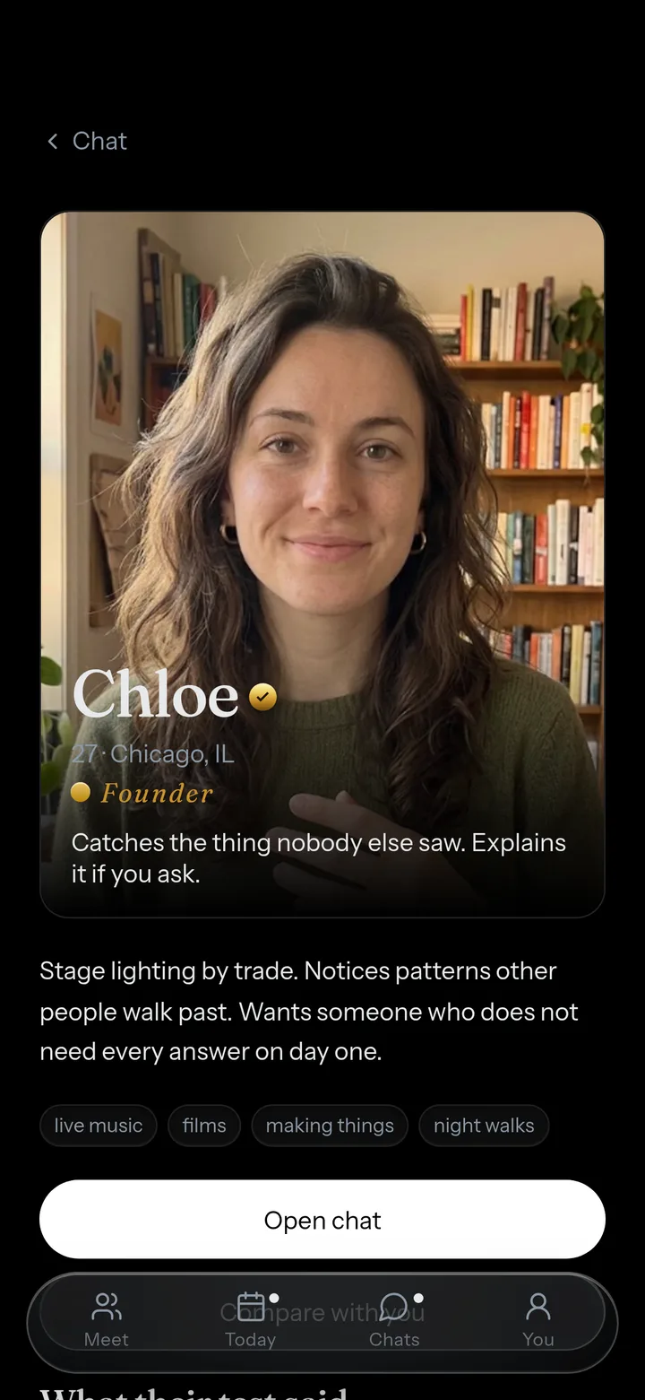 Their profile after you both agree. Photos open only then.